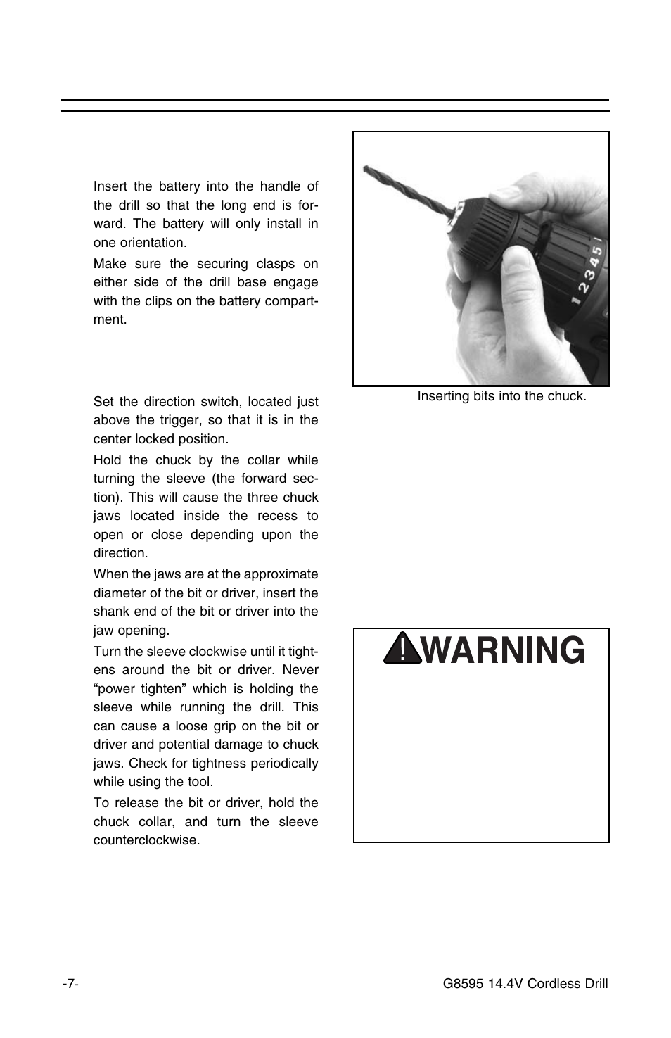 Operation, Inserting battery into drill | Grizzly G8595 User Manual | Page 7 / 13