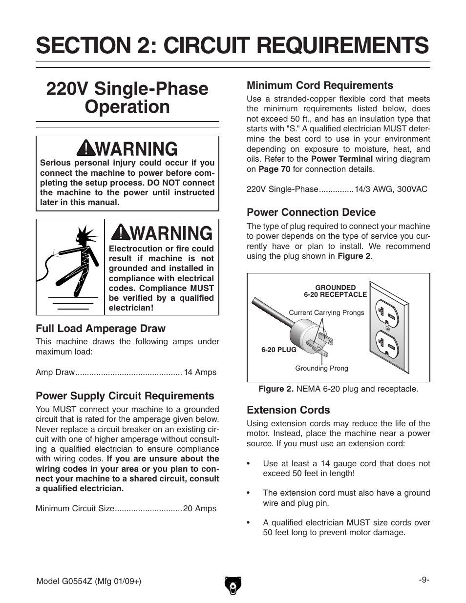 Section 2: circuit requirements, 220v single-phase operation | Grizzly G0554Z User Manual | Page 11 / 104