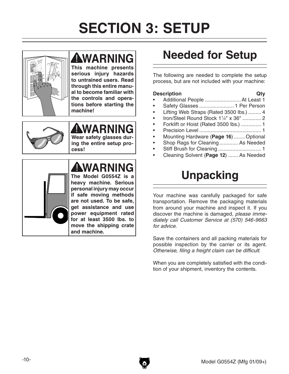 Section 3: setup, Needed for setup unpacking, Needed for setup | Unpacking | Grizzly G0554Z User Manual | Page 12 / 104