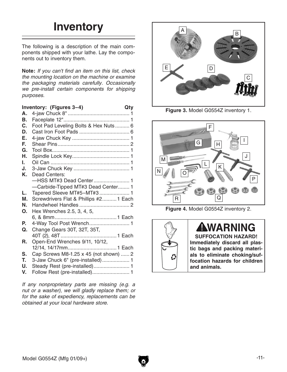 Inventory | Grizzly G0554Z User Manual | Page 13 / 104