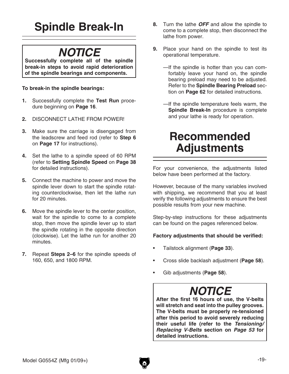 Spindle break-in recommended adjustments, Recommended adjustments notice, Spindle break-in | Notice | Grizzly G0554Z User Manual | Page 21 / 104