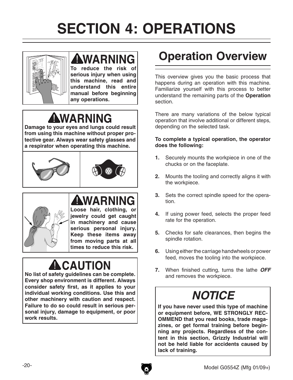 Section 4: operations, Operation overview, Notice | Grizzly G0554Z User Manual | Page 22 / 104