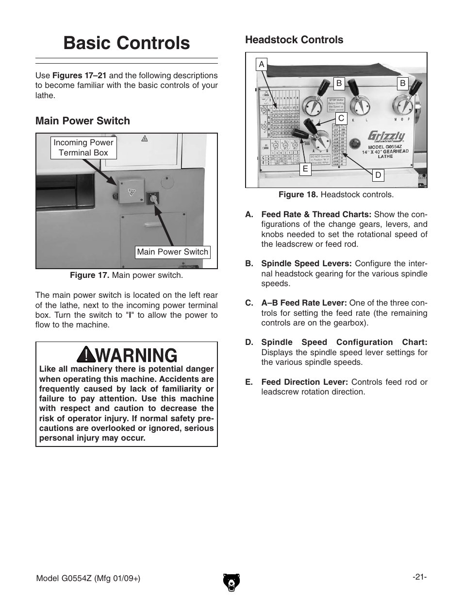 Basic controls | Grizzly G0554Z User Manual | Page 23 / 104