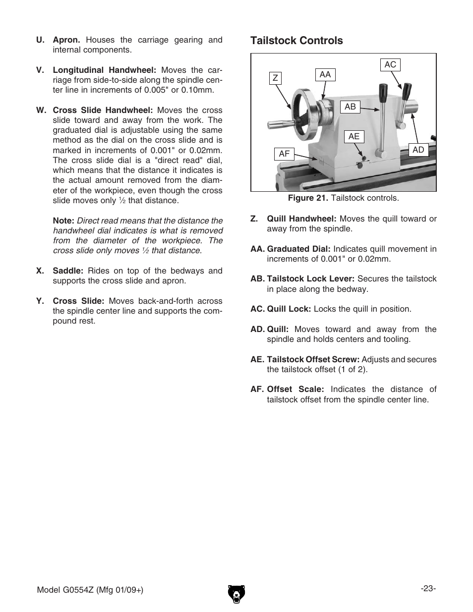 Tailstock controls | Grizzly G0554Z User Manual | Page 25 / 104