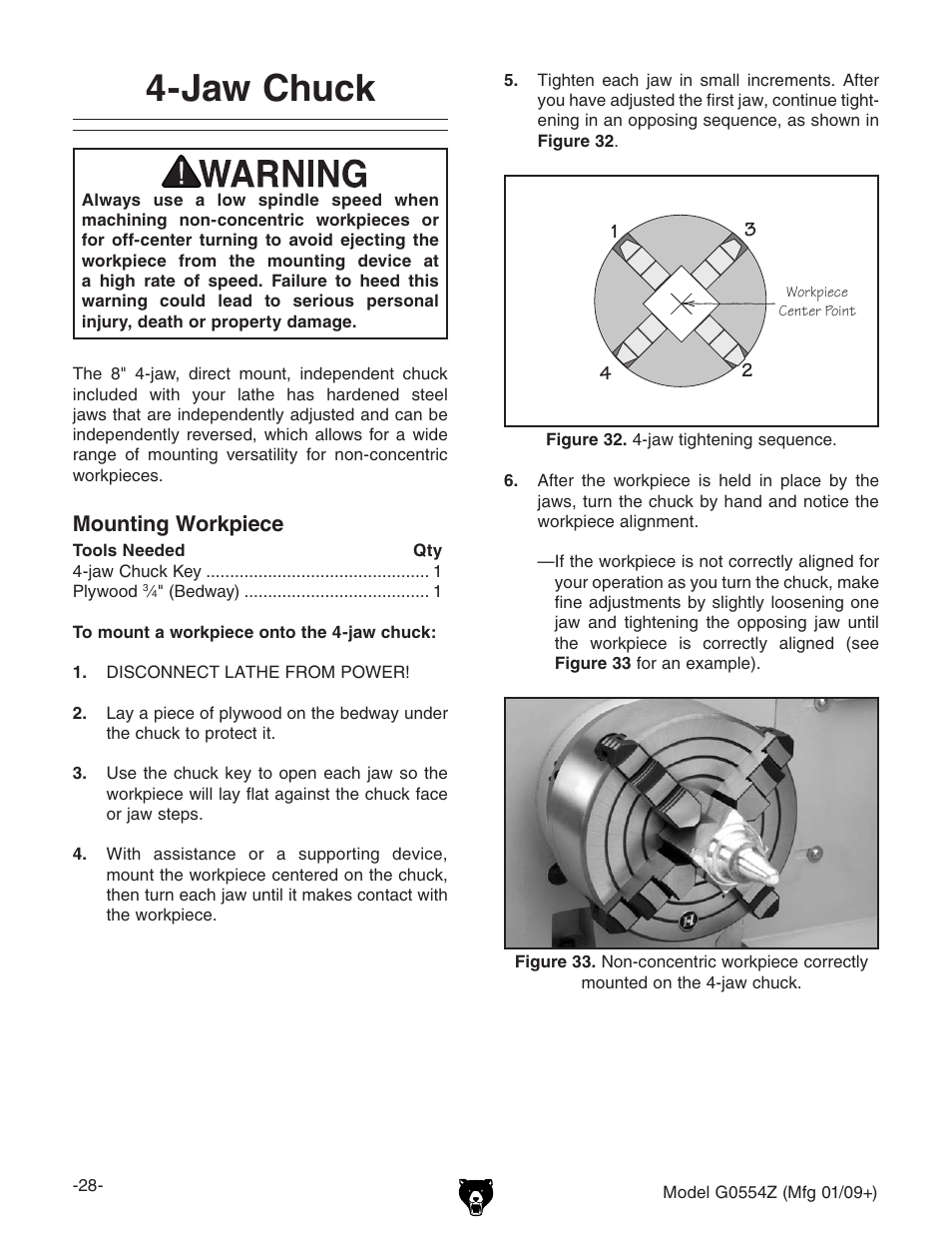 Jaw chuck, Mounting workpiece | Grizzly G0554Z User Manual | Page 30 / 104