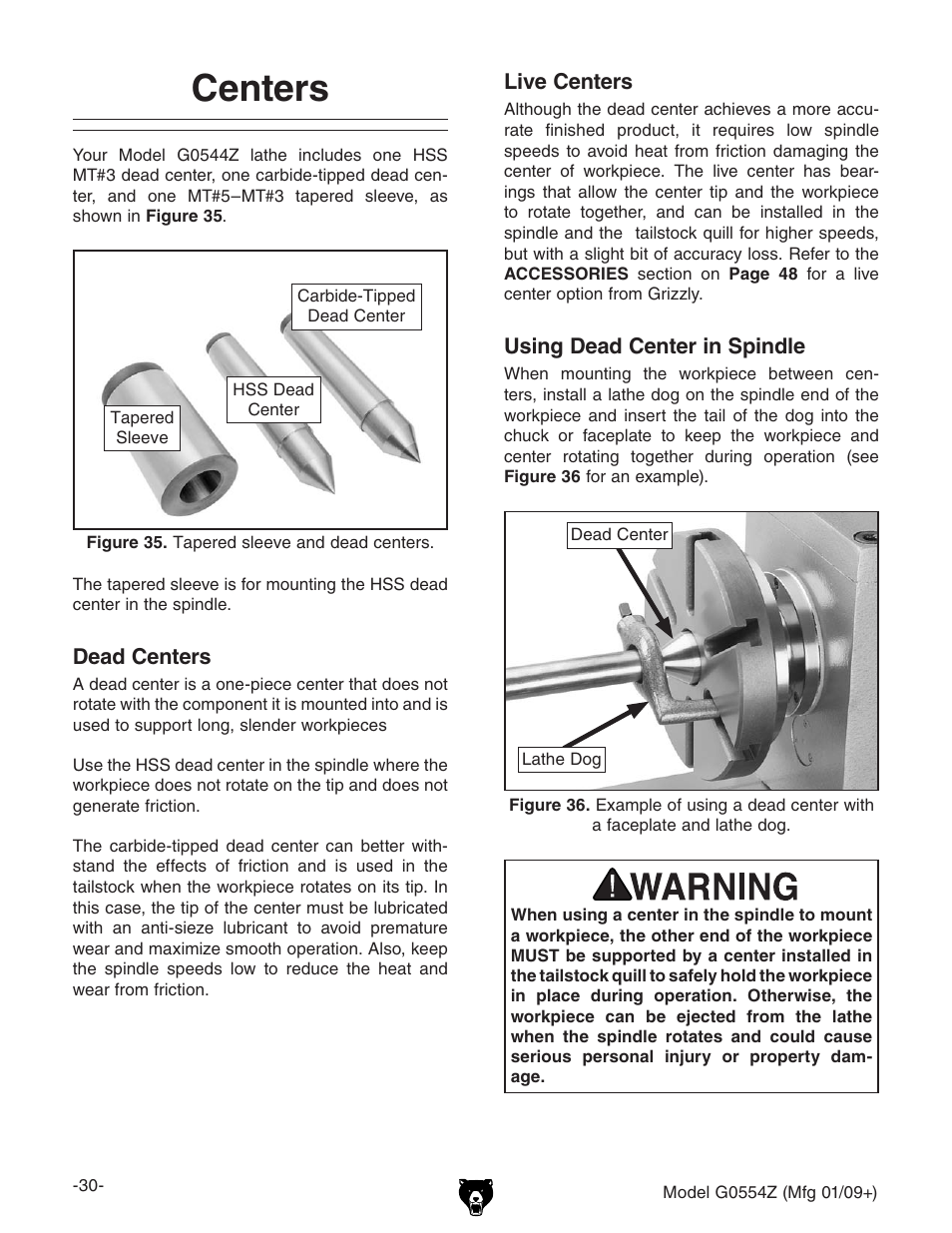 Centers | Grizzly G0554Z User Manual | Page 32 / 104