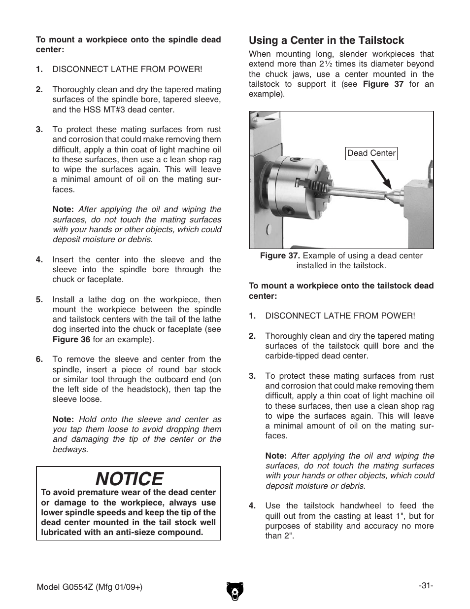 Notice, Using a center in the tailstock | Grizzly G0554Z User Manual | Page 33 / 104