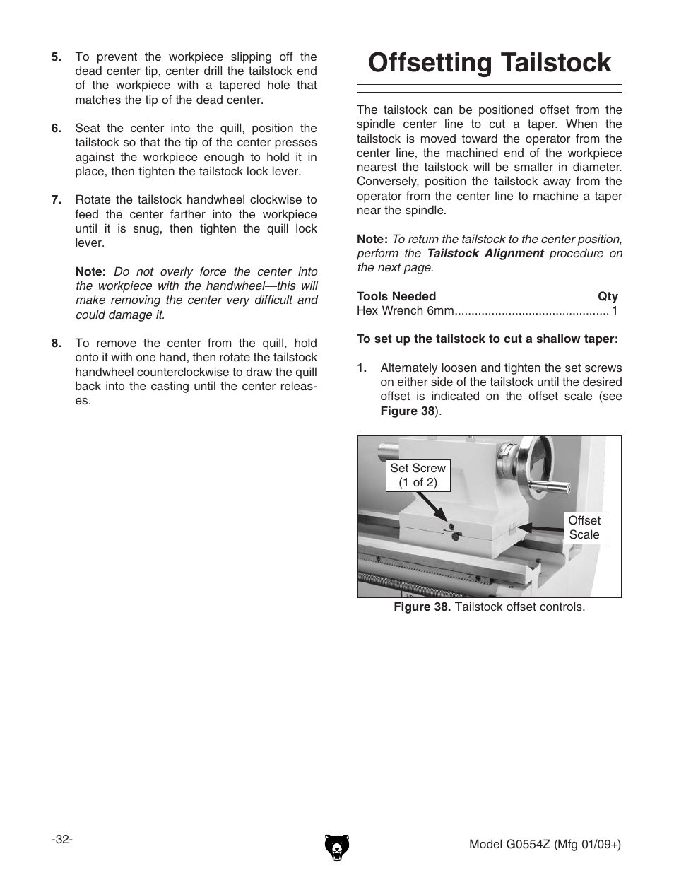 Offsetting tailstock | Grizzly G0554Z User Manual | Page 34 / 104