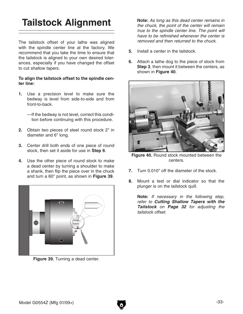 Tailstock alignment | Grizzly G0554Z User Manual | Page 35 / 104