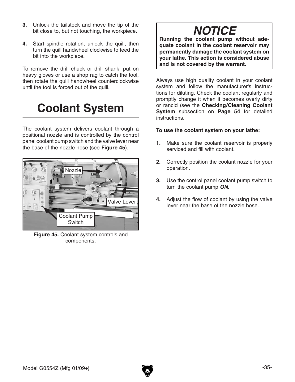 Coolant system, Notice | Grizzly G0554Z User Manual | Page 37 / 104