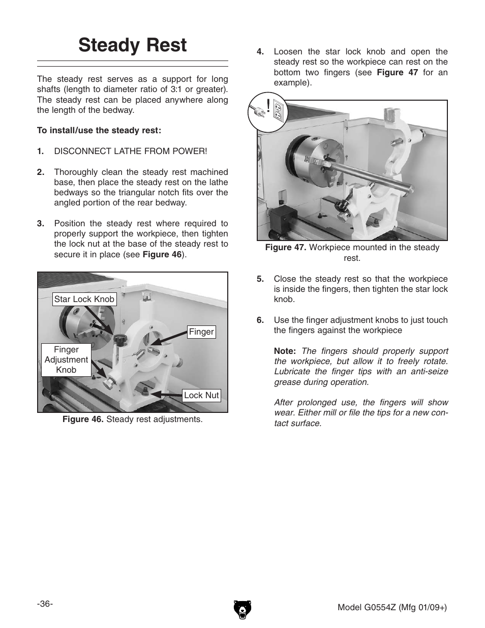 Steady rest | Grizzly G0554Z User Manual | Page 38 / 104
