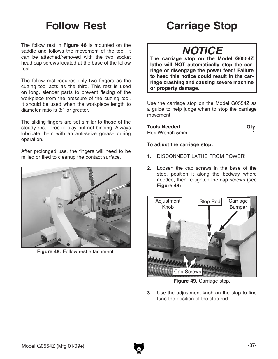 Follow rest carriage stop, Follow rest, Carriage stop notice | Grizzly G0554Z User Manual | Page 39 / 104