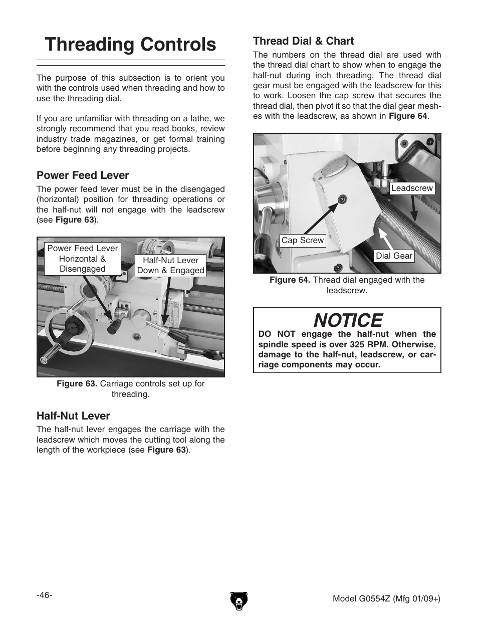 Threading controls, Notice | Grizzly G0554Z User Manual | Page 48 / 104
