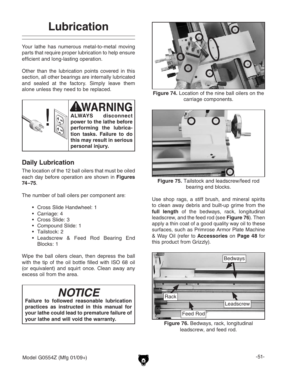 Lubrication, Notice | Grizzly G0554Z User Manual | Page 53 / 104