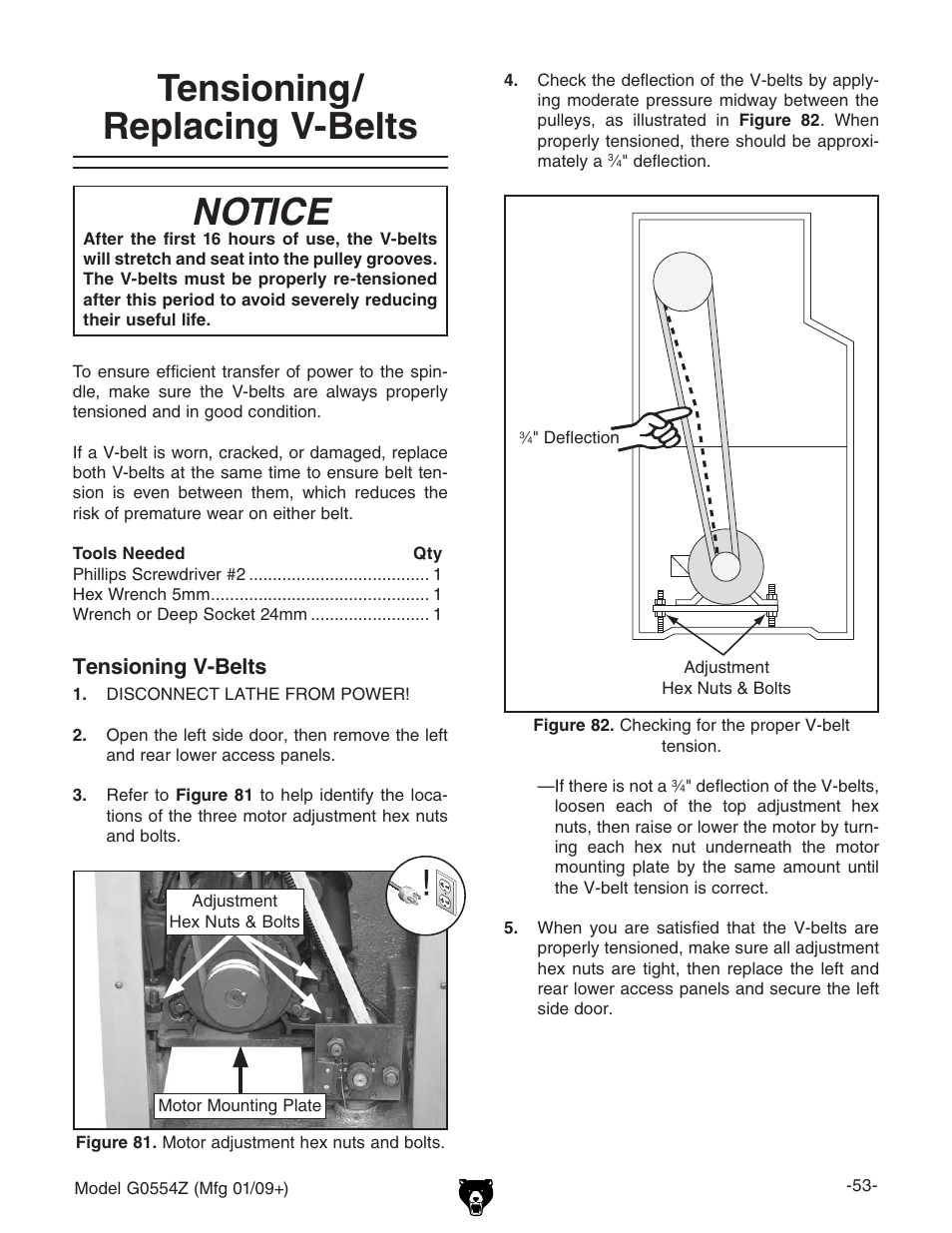 Tensioning/replacing v-belts, Tensioning/ replacing v-belts notice, Tensioning v-belts | Grizzly G0554Z User Manual | Page 55 / 104