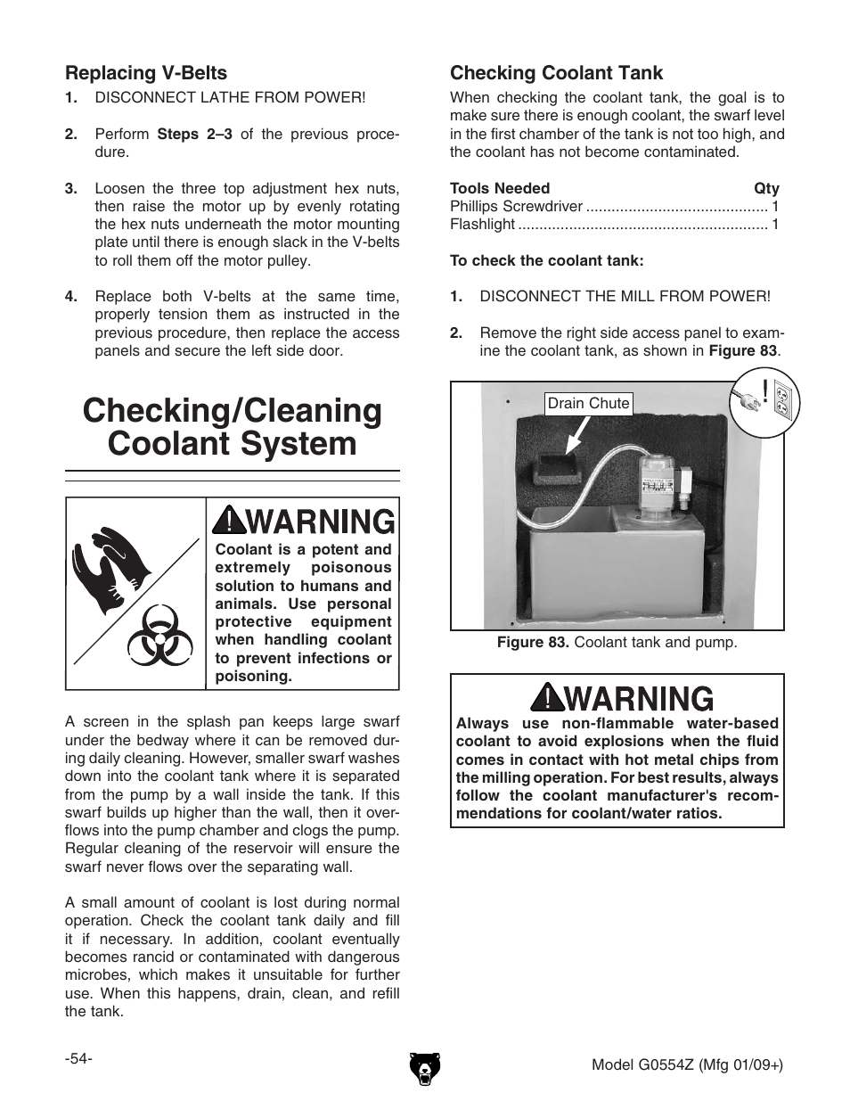 Checking/cleaning coolant system | Grizzly G0554Z User Manual | Page 56 / 104