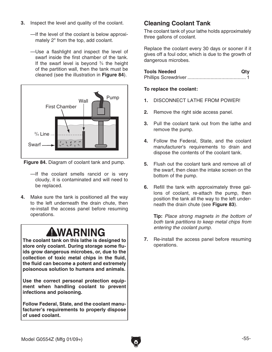 Cleaning coolant tank | Grizzly G0554Z User Manual | Page 57 / 104
