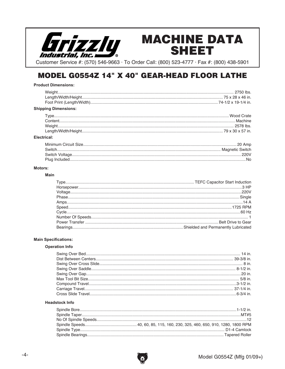 Machine data sheet | Grizzly G0554Z User Manual | Page 6 / 104
