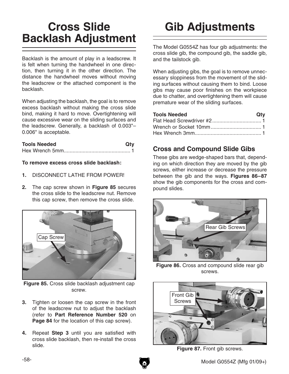 Cross slide backlash adjustment gib adjustments, Cross slide backlash adjustment, Gib adjustments | Grizzly G0554Z User Manual | Page 60 / 104