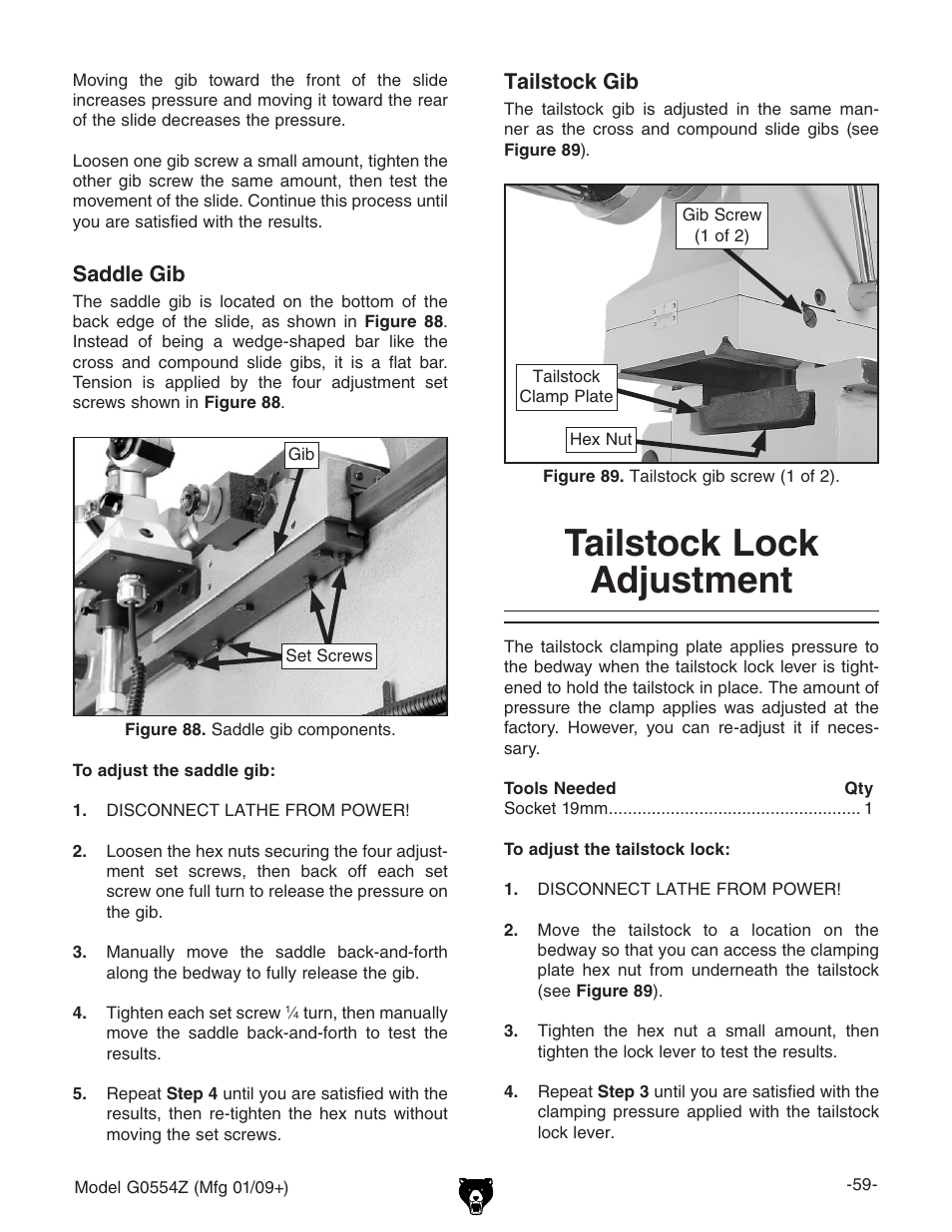 Tailstock lock adjustment | Grizzly G0554Z User Manual | Page 61 / 104