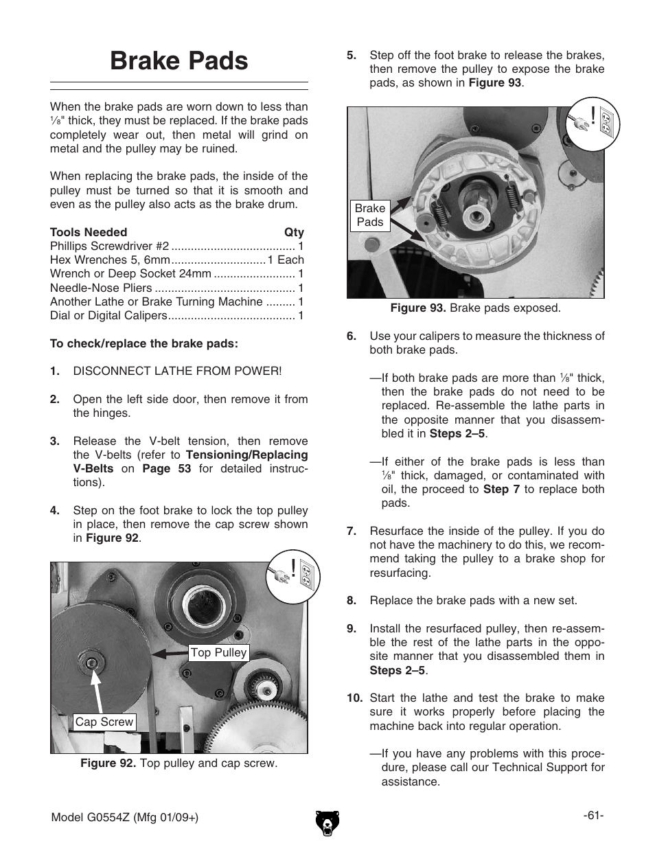 Brake pads | Grizzly G0554Z User Manual | Page 63 / 104