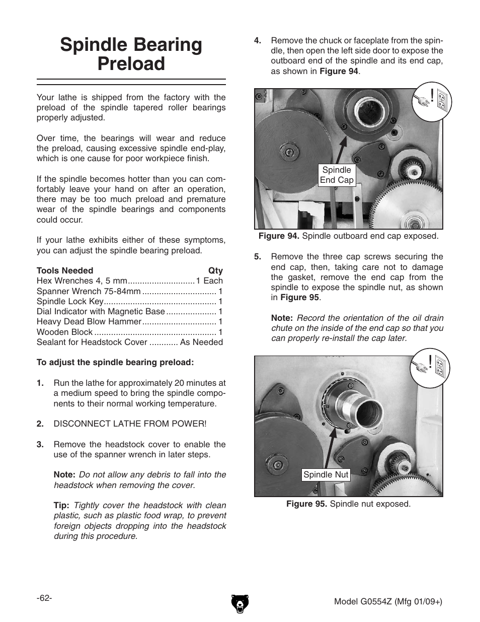 Spindle bearing preload | Grizzly G0554Z User Manual | Page 64 / 104