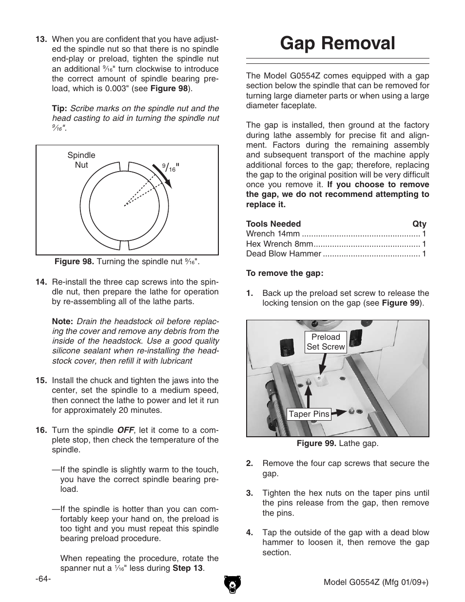 Gap removal | Grizzly G0554Z User Manual | Page 66 / 104