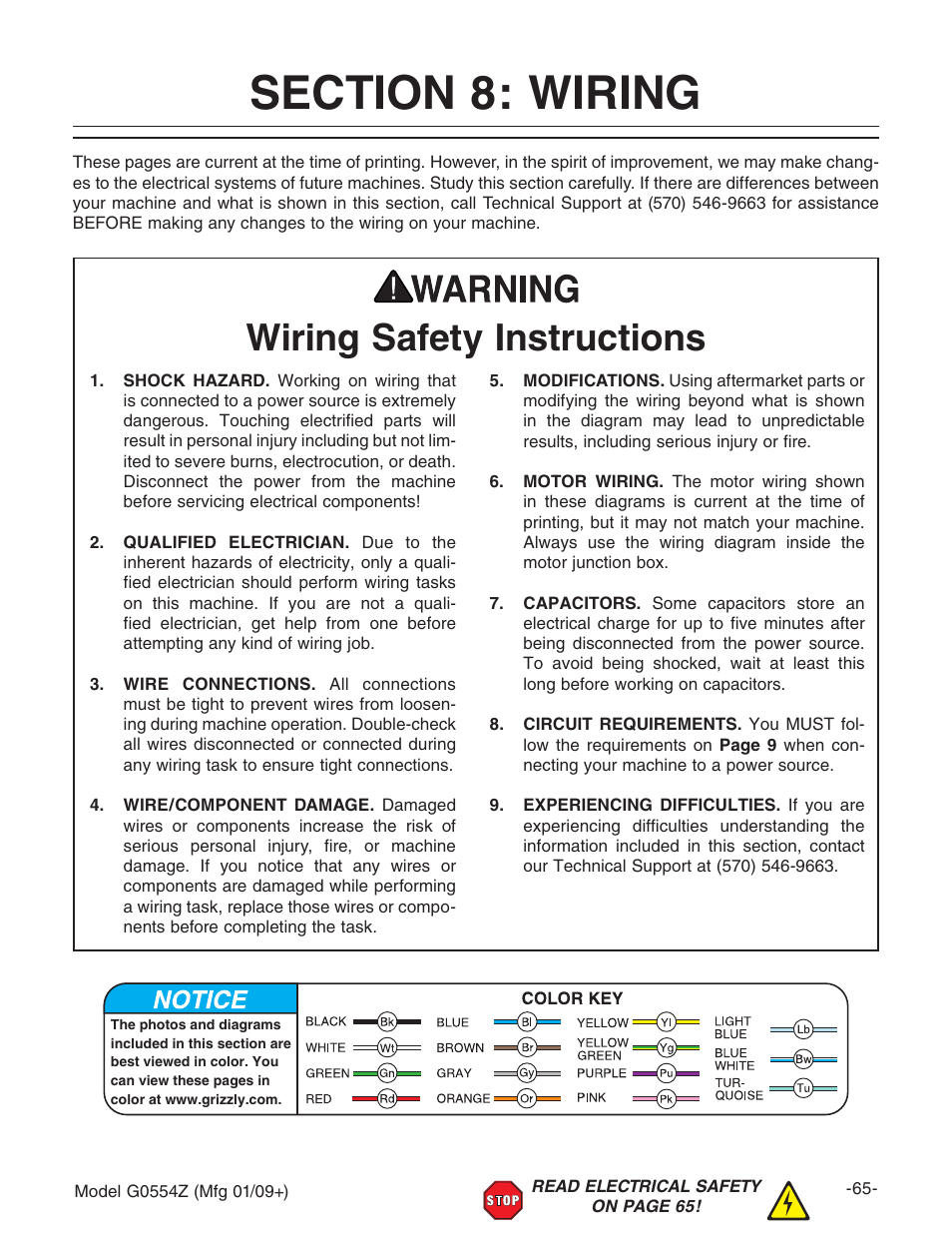 Section 8: wiring, Wiring safety instructions | Grizzly G0554Z User Manual | Page 67 / 104