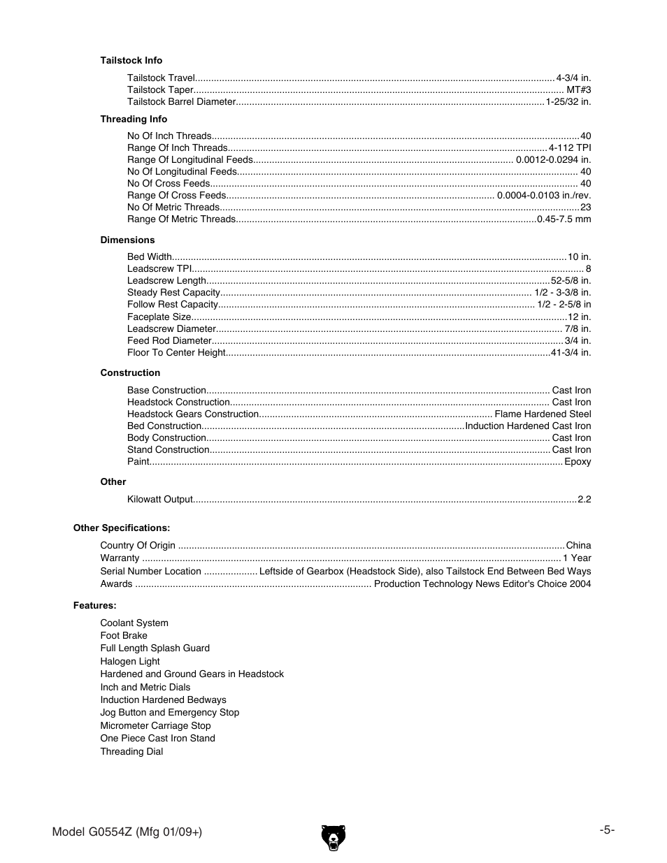 Grizzly G0554Z User Manual | Page 7 / 104