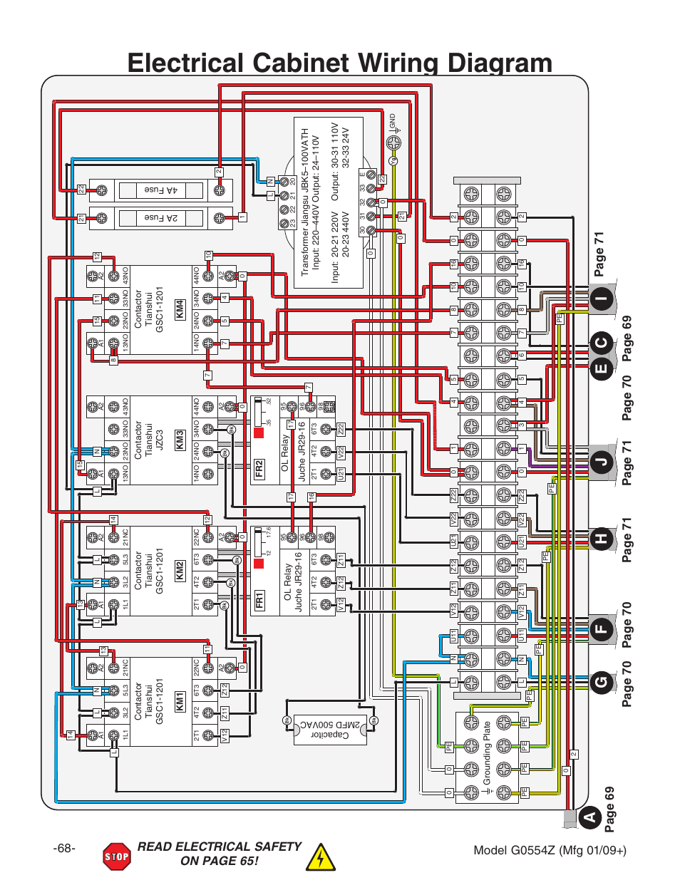 Electrical cabinet wiring diagram | Grizzly G0554Z User Manual | Page 70 / 104