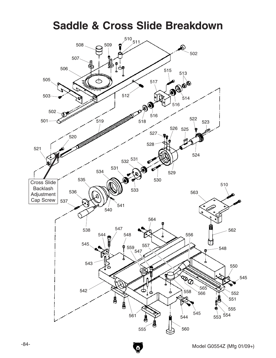 Saddle & cross slide, Saddle & cross slide breakdown | Grizzly G0554Z User Manual | Page 86 / 104