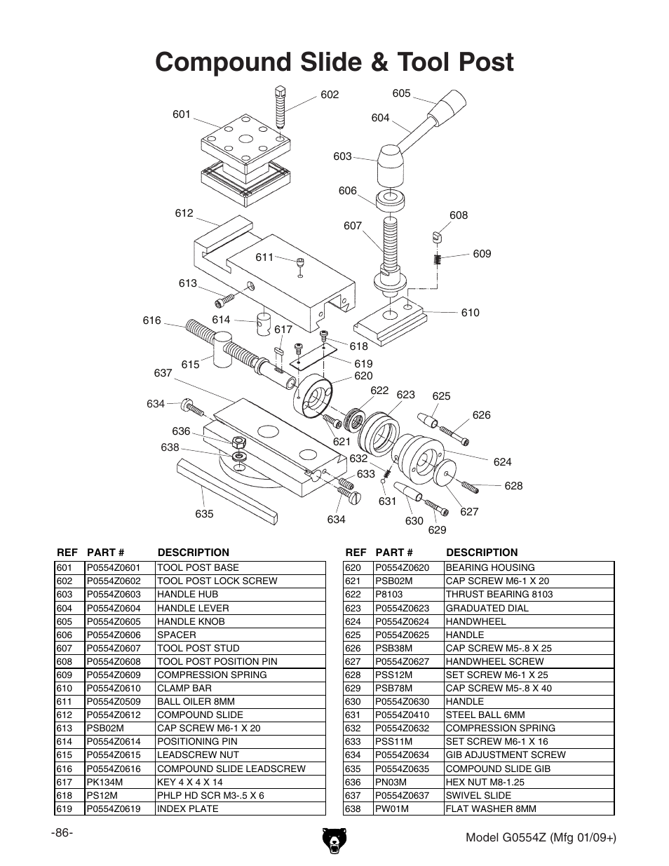 Compound slide & tool post | Grizzly G0554Z User Manual | Page 88 / 104