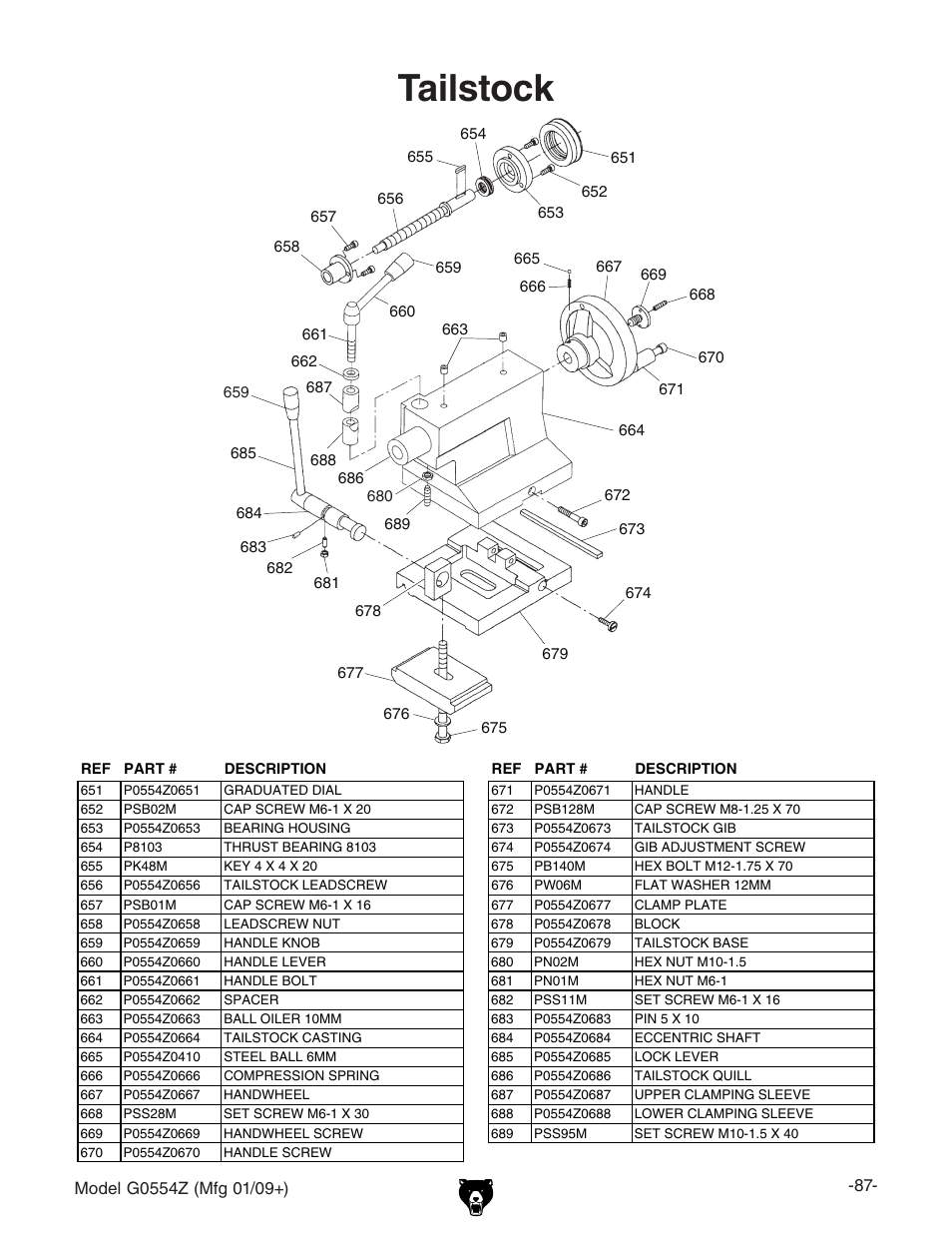 Tailstock | Grizzly G0554Z User Manual | Page 89 / 104