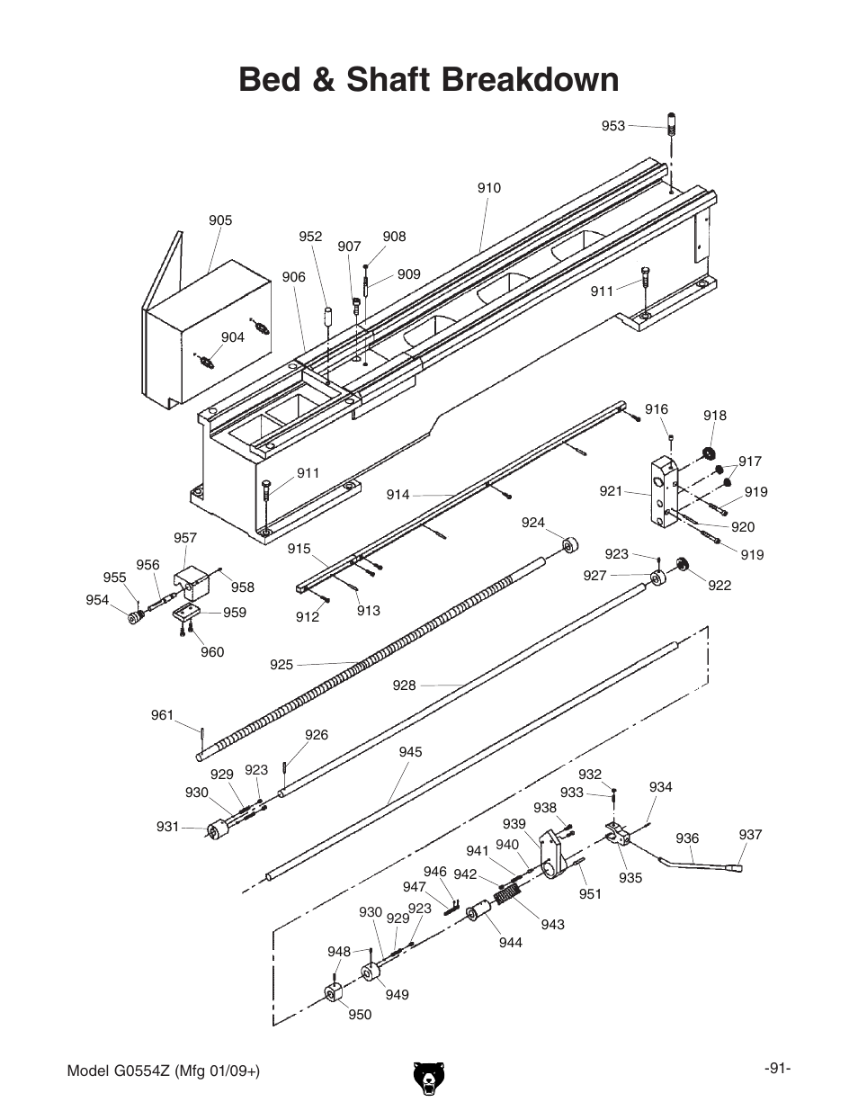 Bed & shaft, Bed & shaft breakdown | Grizzly G0554Z User Manual | Page 93 / 104