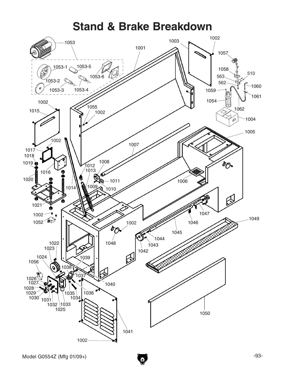 Stand & brake, Stand & brake breakdown | Grizzly G0554Z User Manual | Page 95 / 104