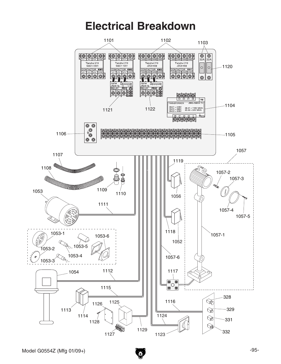 Electrical, Electrical breakdown | Grizzly G0554Z User Manual | Page 97 / 104
