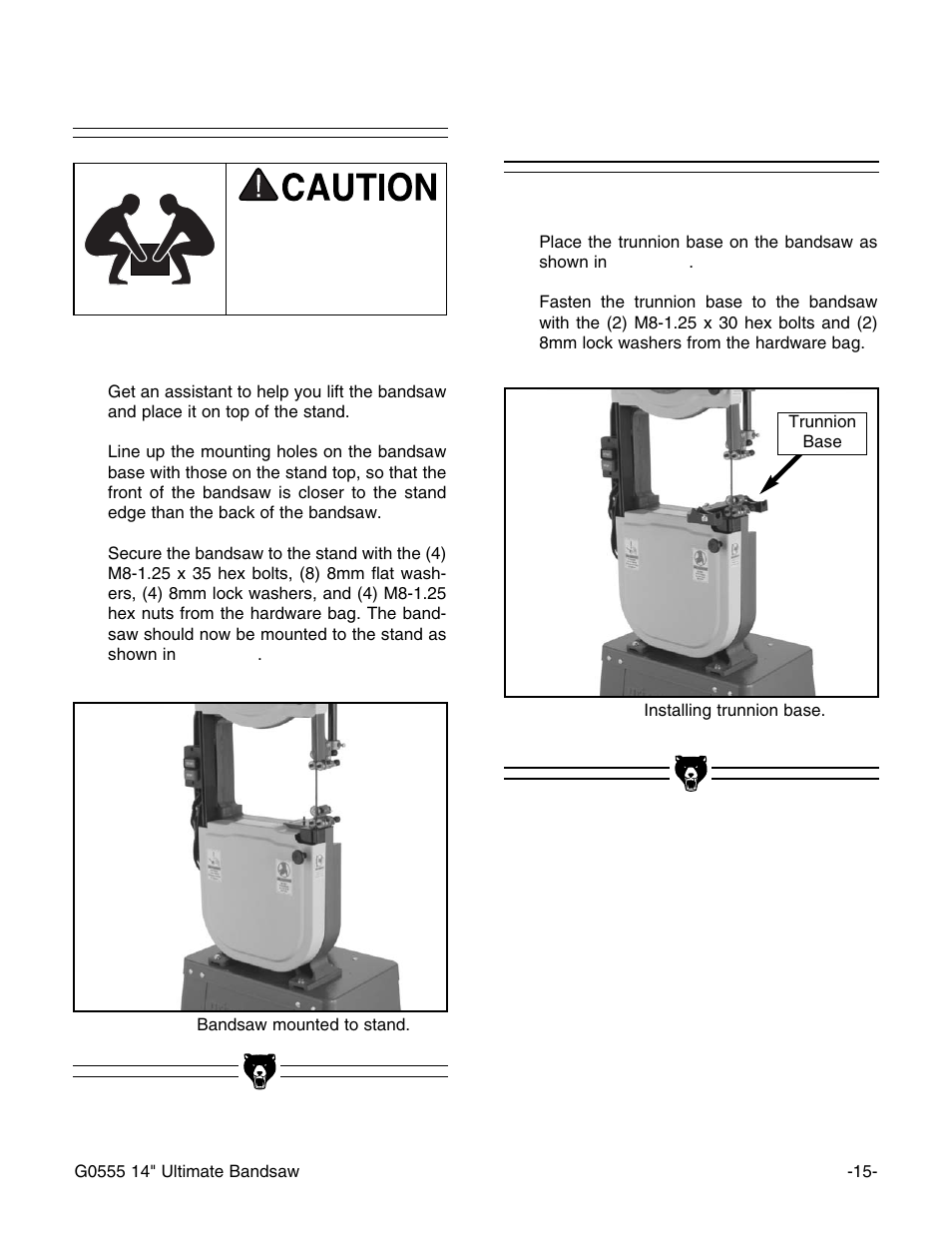 Mounting bandsaw, Mounting trunnion base | Grizzly G0555 User Manual | Page 17 / 55