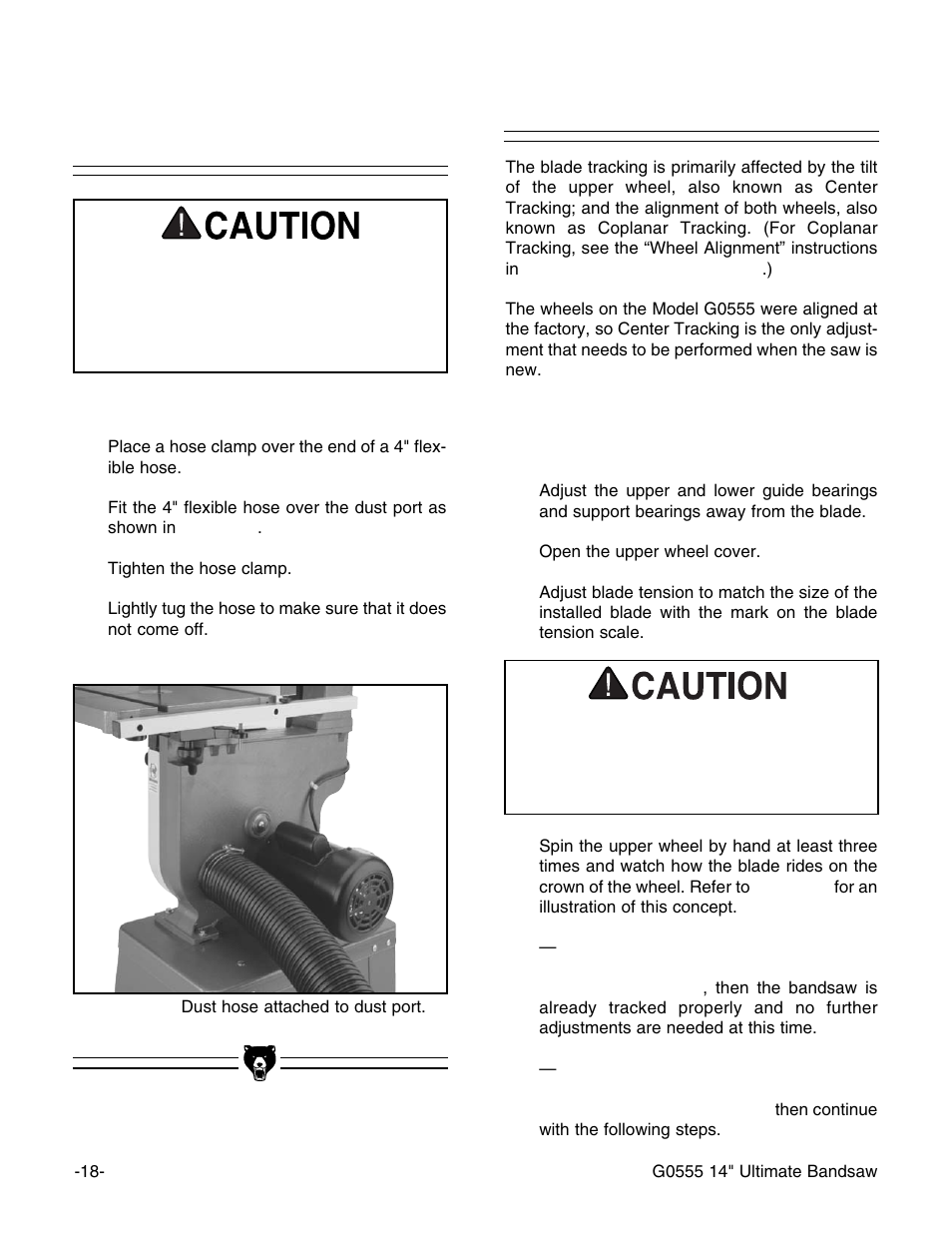 Connecting dust hose, Blade tracking | Grizzly G0555 User Manual | Page 20 / 55