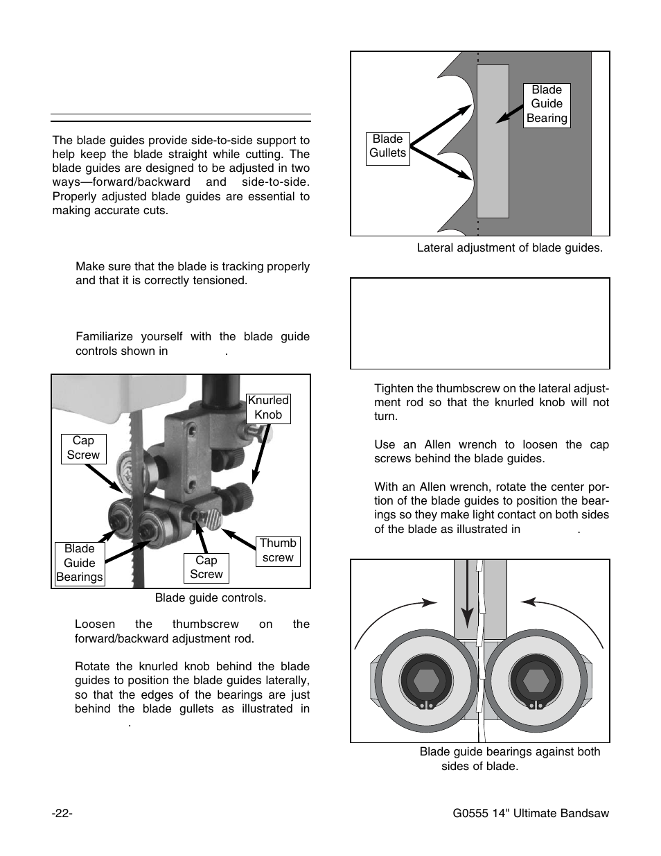 Adjusting blade guides, Notice | Grizzly G0555 User Manual | Page 24 / 55