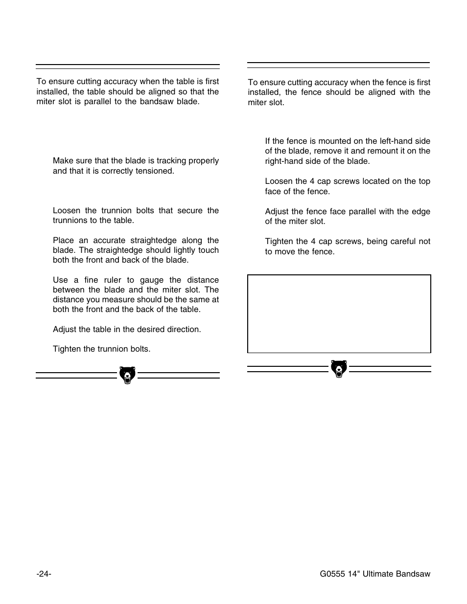 Aligning fence aligning table, Notice | Grizzly G0555 User Manual | Page 26 / 55