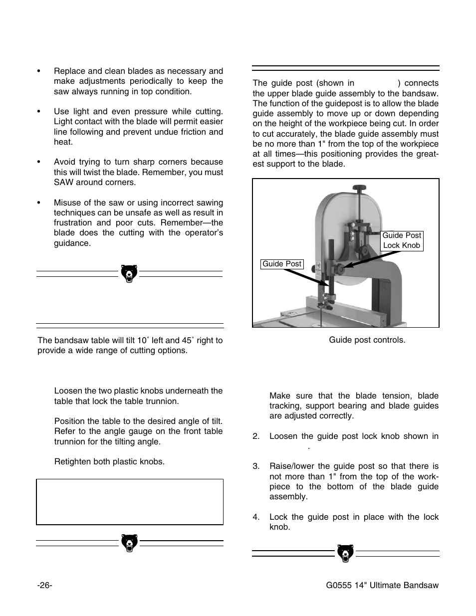 Table tilt notice, Guide post | Grizzly G0555 User Manual | Page 28 / 55