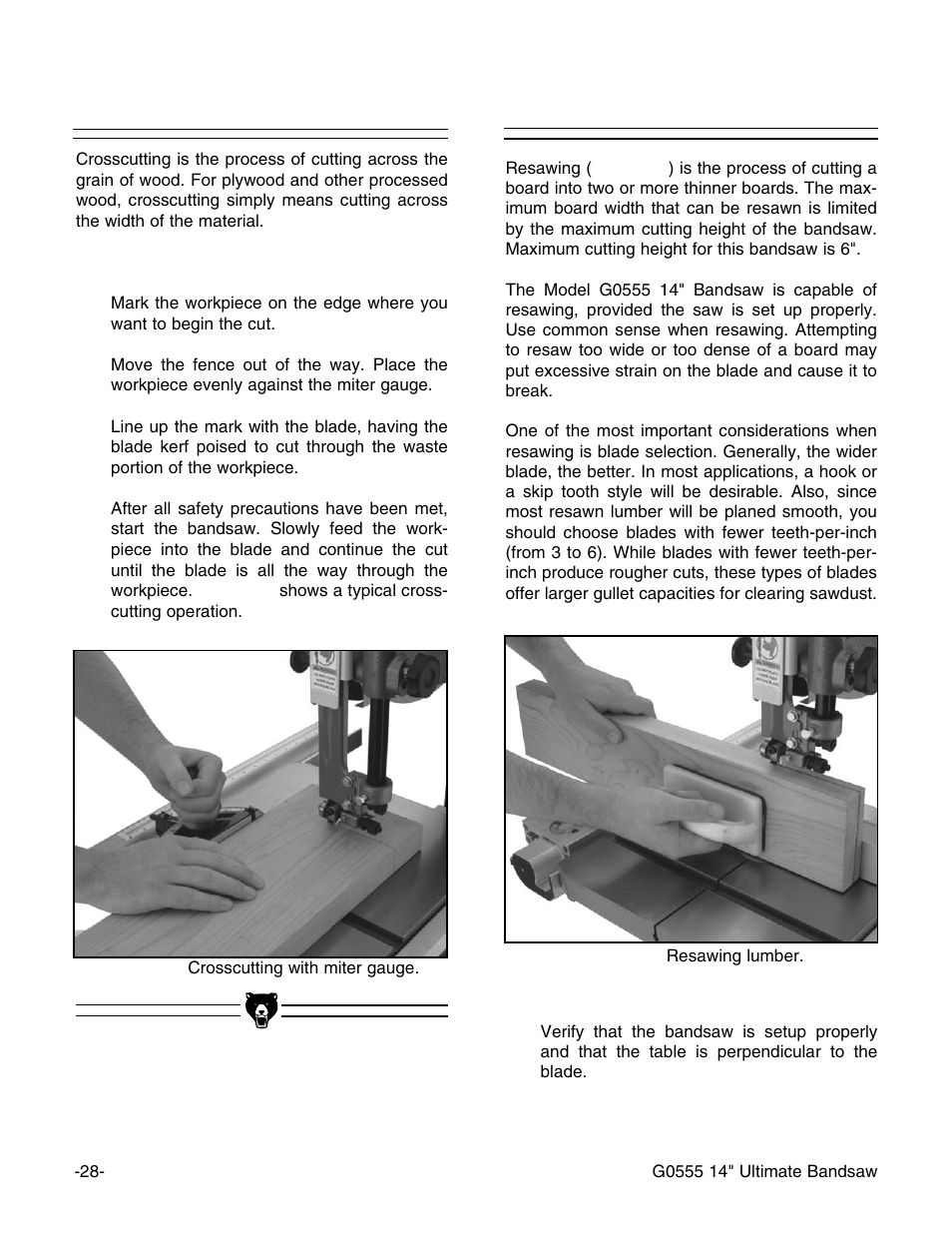 Crosscutting, Resawing | Grizzly G0555 User Manual | Page 30 / 55