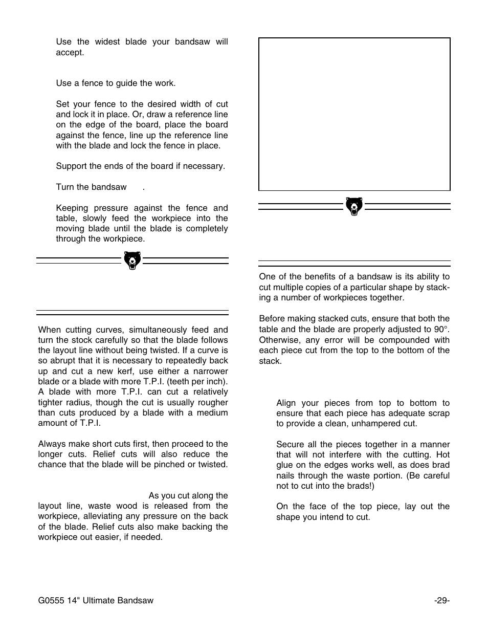 Cutting curves, Stacked cuts notice | Grizzly G0555 User Manual | Page 31 / 55