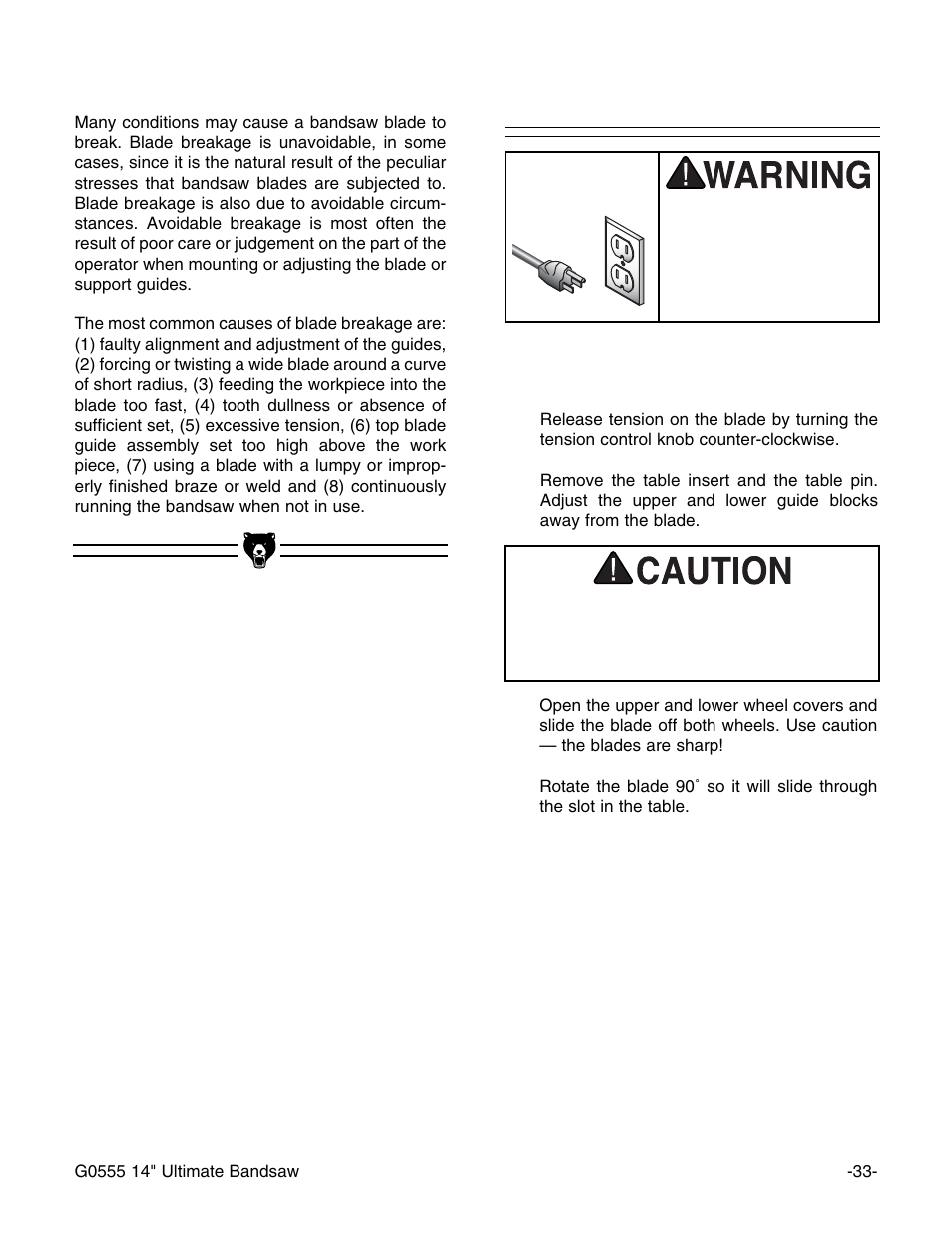 Blade changes | Grizzly G0555 User Manual | Page 35 / 55