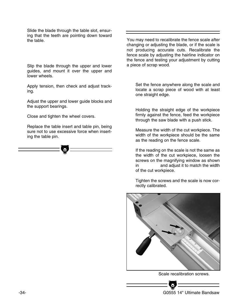 Scale calibration | Grizzly G0555 User Manual | Page 36 / 55