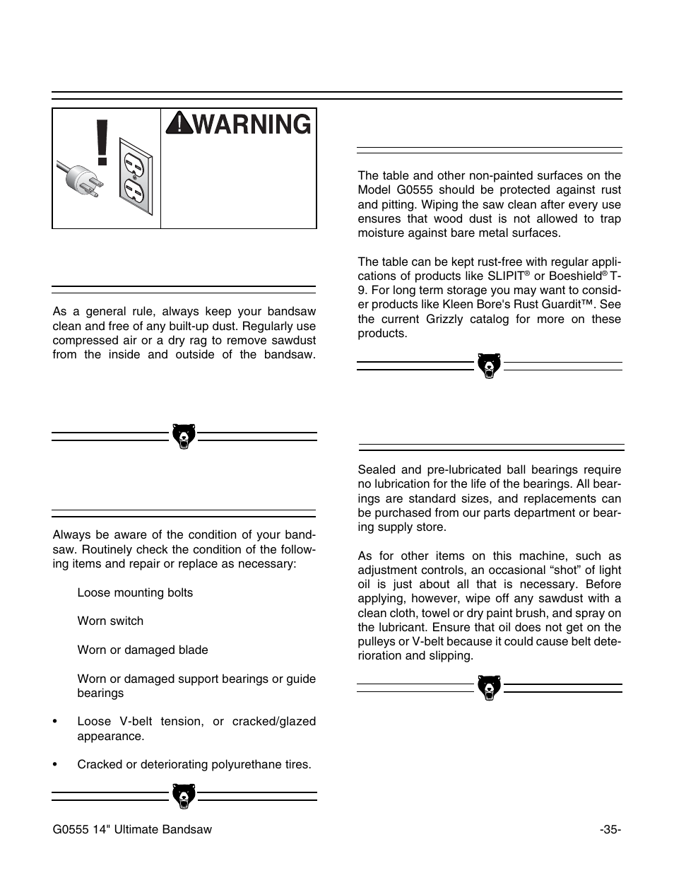 Table, Lubrication, Miscellaneous general maintenance | Grizzly G0555 User Manual | Page 37 / 55