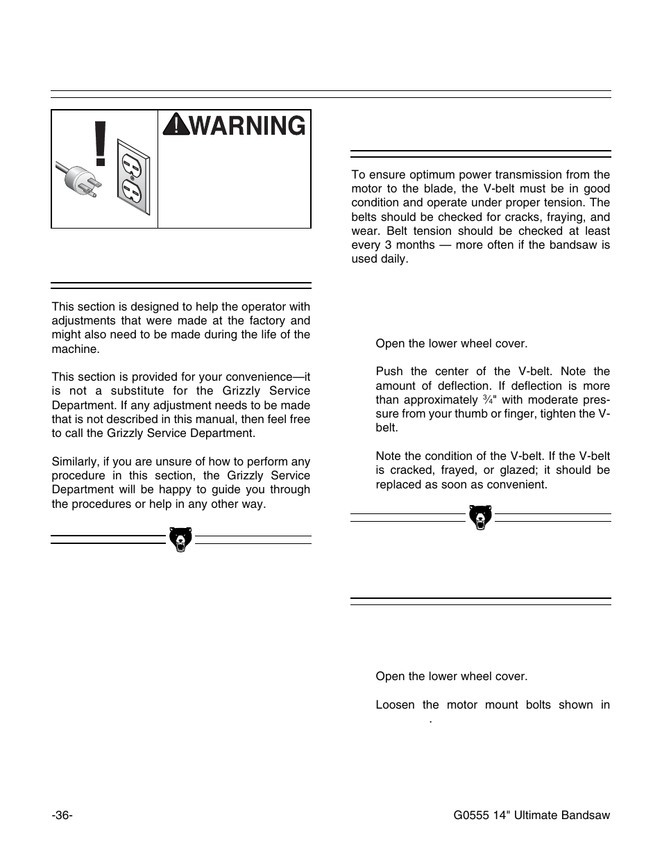 About service checking v-belt, Tensioning v-belt | Grizzly G0555 User Manual | Page 38 / 55