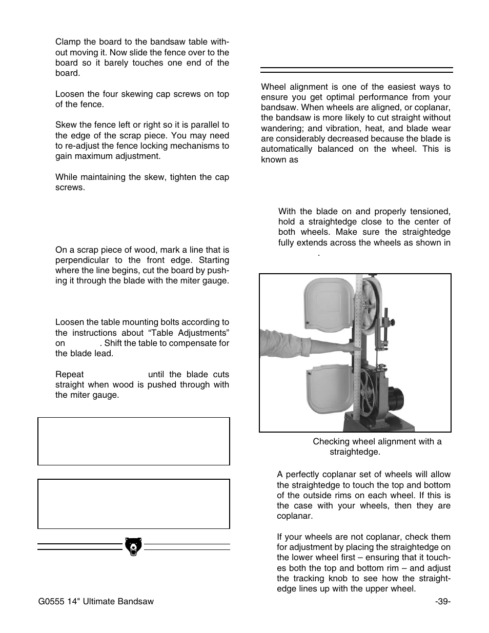 Wheel alignment, Notice | Grizzly G0555 User Manual | Page 41 / 55