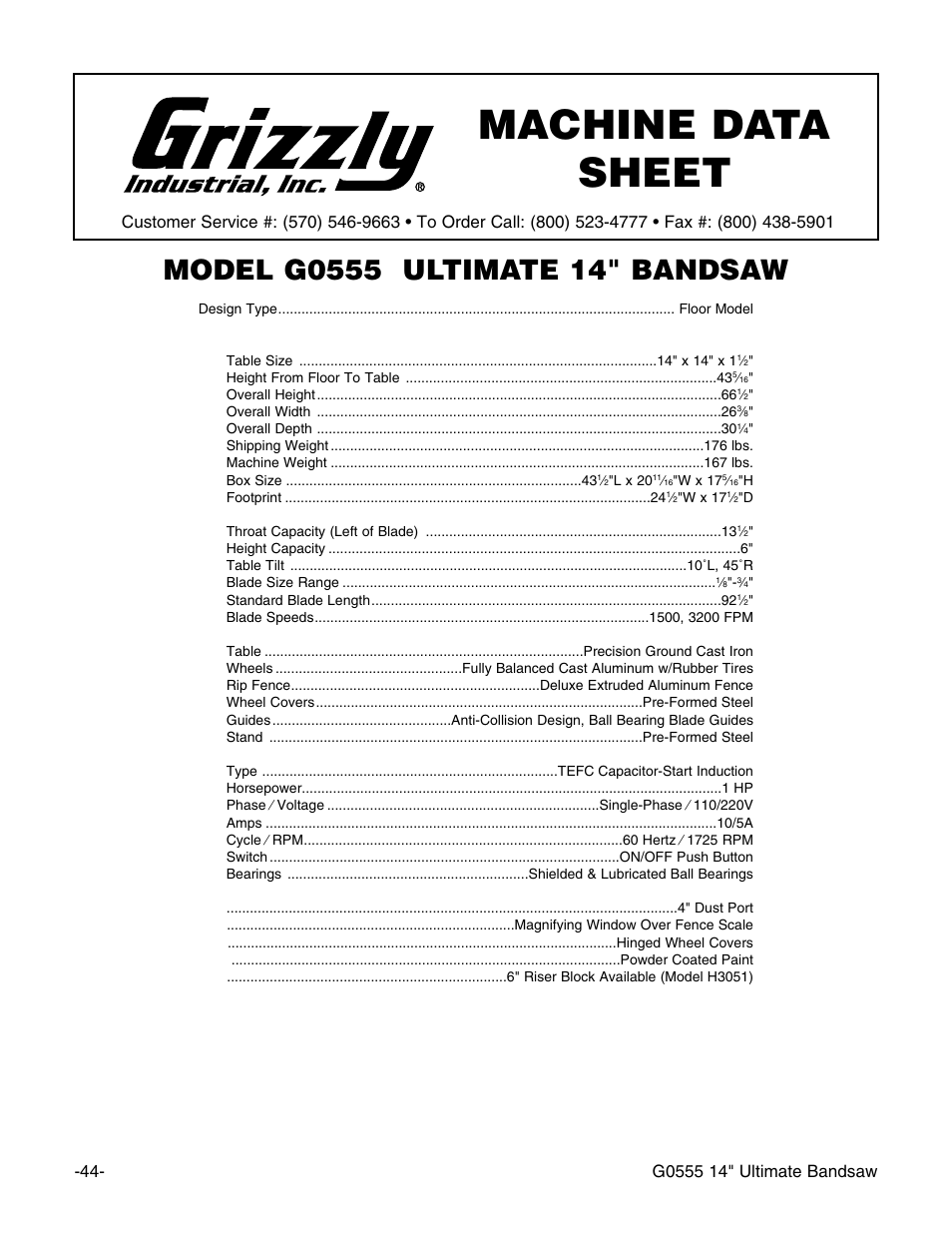 Machine data sheet | Grizzly G0555 User Manual | Page 46 / 55