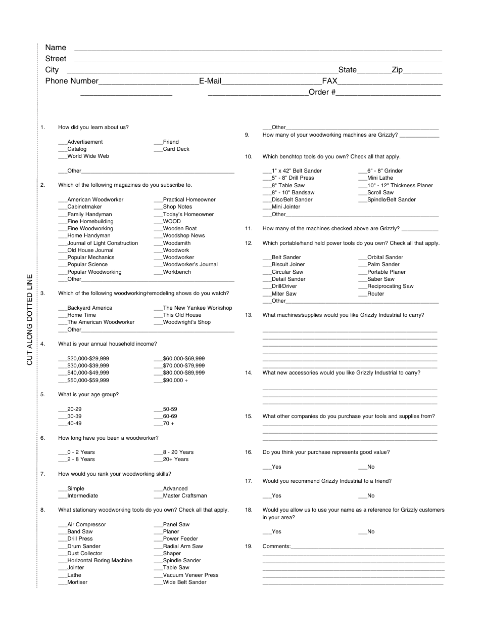 Warranty card, Cut along dotted line | Grizzly G0555 User Manual | Page 53 / 55